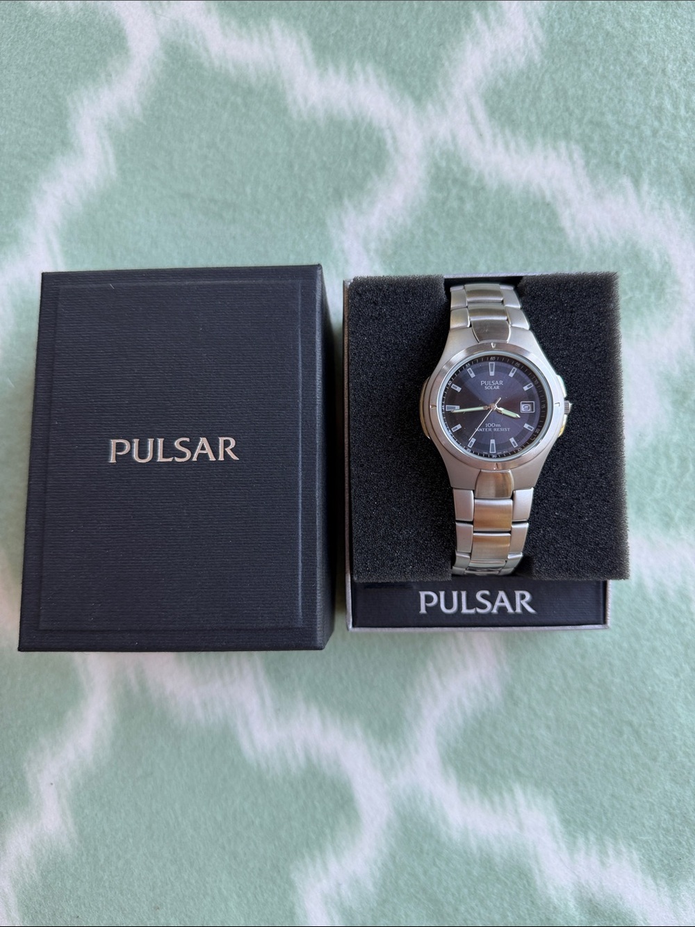NEW Pulsar Solar v145 Silver Stainless Steel Watch with Black Dial